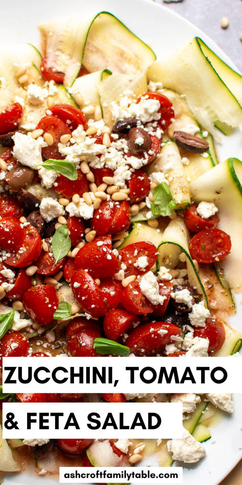 Photo of salad with text that reads "zucchini, tomato, and feta salad." Zucchini And Cherry Tomato Recipes, Zucchini Salad Recipes, Tomato Salad With Feta, Tomato And Feta Salad, Tomato Feta Salad, Raw Salad, Best Zucchini Recipes, Raw Zucchini, Tomato And Feta