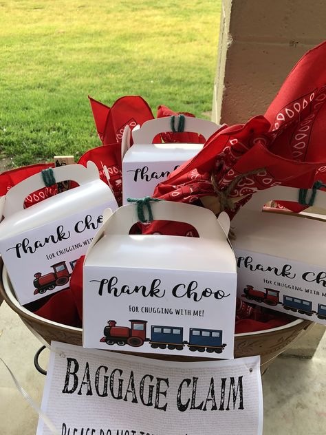 Made hitch hiker bandanas with a whistle attached and luggage boxes as kids goodie “bags” Train Birthday Goodie Bags, Kids Goodie Bags, Chugga Chugga Two Two, Train Cookies, Goodie Bags For Kids, Two Two, Train Party, Baggage Claim, Train Birthday