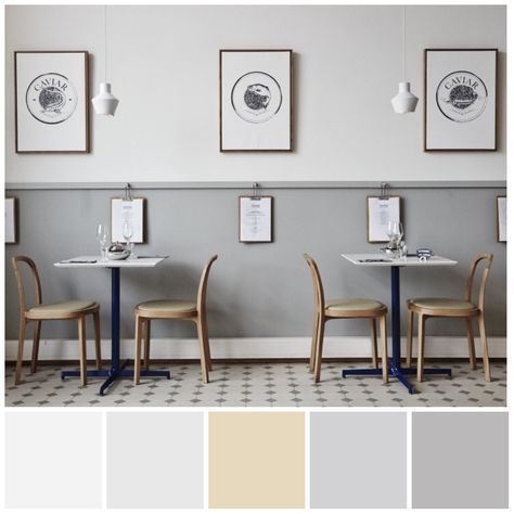 Subtle  grey colour scheme is relieved by the light oak Thonet-style chairs. High-intermediate key, major chord tonal values feature in Finlandia Caviar, an 11-seat restaurant and shop in an historic building overlooking the Helsinki harbour, designed by Joanna Laajisto 2015. Colour palette by Zena O’Connor. Image credit: Remodelista. Cafe Color Palette Interiors, Restaurant Color Scheme, Chinese Cafe, Colour Combinations Interior, Simple Cafe, Blue Interior Design, Grey Color Scheme, Principles Of Design, Gray Design