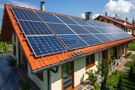 Solar panels installed on the roof rooftop of a residential modern house. The panels are arranged in rows and royalty free stock photos Vector People, Roof Installation, Solar House, Roof Top, The Roof, Solar Panels, Free Stock Photos, The Row, Roof