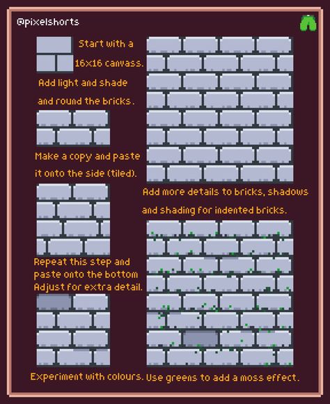 Bricks (Pixel art tutorial techniques) Top Down Pixel Art Tutorial, Pixel Art Texture Tutorial, Pixel Art Tileset 16x16, Shading Pixel Art, Brick Pixel Art, Pixel Art Brick Wall, Learn Pixel Art, Game Assets 2d Pixel Art, 100x100 Pixel Art