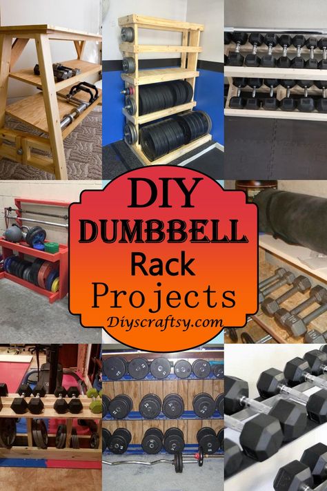 DIY Dumbbell Rack Projects Diy Dumbells Rack, Dumbbell Storage Diy, Weight Storage Ideas, Diy Dumbbell Rack, Diy Dumbbell, Work Garage, Diy Gym Equipment, Dumbbell Storage, Diy Rack