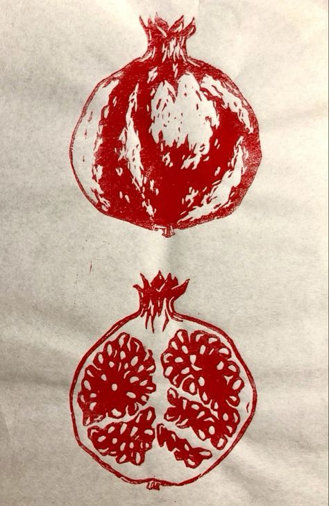 Lino Print Aesthetic, Pomegranate Line Art, Pomegranates Aesthetic, Pomegranate Stamp, Red Ink Drawing, Drawing Pomegranate, Pomegranate Aesthetic, Pomegranate Heart, Pomegranate Drawing