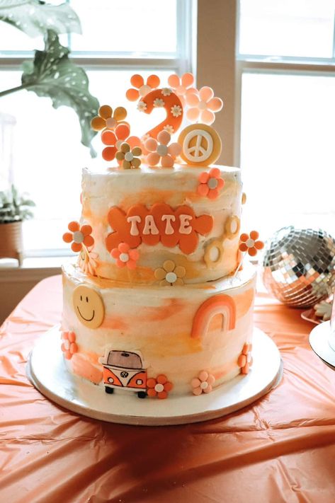 Hippie Birthday Cake, Pink And Orange Cake, Hippie Cake, Birthday Cake Pink, Hippie Birthday Party, 2nd Birthday Cake, Two Groovy, Orange Birthday, Groovy Birthday