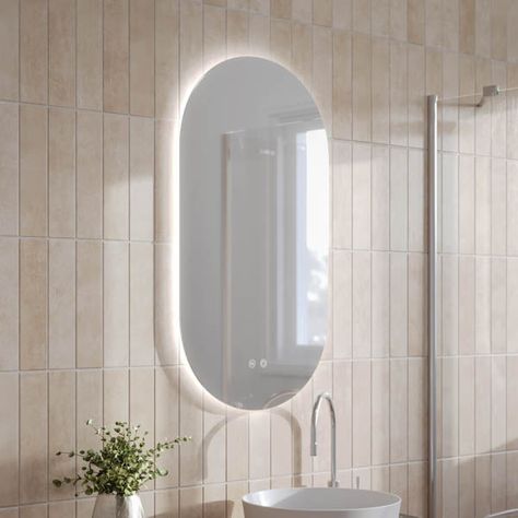 Pill Shaped Mirror Bathroom, Bathroom Mirror Led, Brushed Nickel Mirror, Gentle Lighting, Backlit Bathroom Mirror, Backlit Mirror, Back To Wall Bath, Shaped Mirror, Ideal Bathrooms