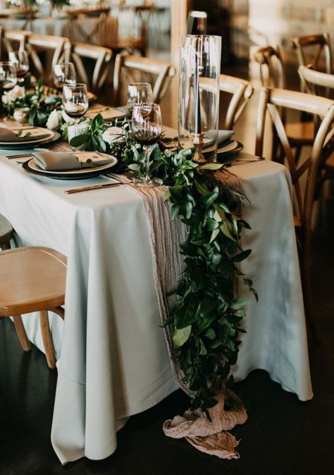 Fall Wedding White Tablecloth, Ivory Wedding Linens Tablecloths, Cheese Cloth Table Runner With Greenery, Leafy Wedding Table Decor, Textured Table Cloth Wedding, Wedding Reception Rectangle Table Decor, Taupe Table Runner Wedding, Wedding Table Cloth Ideas Color Schemes, Wedding Table Runners Round Tables