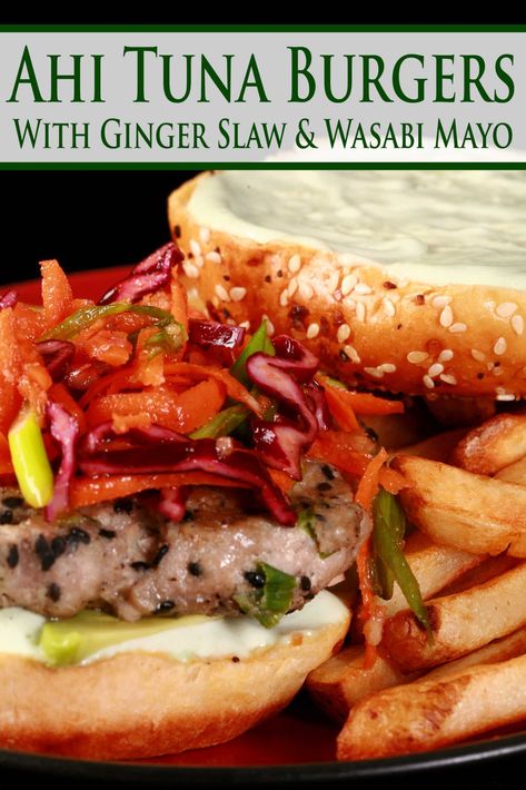 Ahi Tuna Burgers with Ginger Slaw & Wasabi Mayo. Ahi Tuna Burger Recipes, Ahi Tuna Sandwich Recipe, Tuna Burger Recipes, Ahi Tuna Burger, Tuna Burger Recipe, Tuna Patty, Ginger Slaw, Healthy Simple Meals, Vegan Tapas