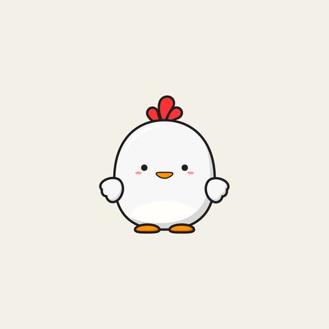 Cute round chicken on beige background. Flat design illustration by Ennbe #ennbedesigns#kawaiichicken#kawaii#chicken#happychicken#whitechicken#rooster#shychicken#roundchicken#roundanimal#cutechicken#cuteanimal#simpledrawing#simpledoodle#simpleillustration#cute Cute Chicken Painting Easy, Chicken Doodles Cute, Kawaii Chicken Drawing, Baby Chicken Drawing, Chicken Drawing Easy, Chicken Drawing Simple, Chicken Character Design, Simple Chicken Drawing, Chibi Chicken