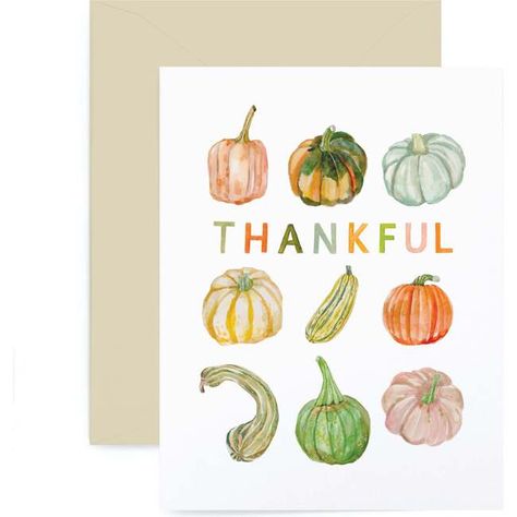 This beautiful, greeting card features hand-illustrated pumpkins and gourds. It has hand-lettered wording that says THANKFUL in a lovely autumn color palette. It is perfect for notes of love and thanks, birthdays, and special Fall celebrations. 4.25"x5.5" folded card. Printed on thick cotton paper. Comes with a stone-colored envelope. Printed and packaged in Denver, Colorado. | Lana's Shop | Thankful Pumpkins Card, Neutrals (Tan) | Maisonette collects the best children’s products from around the world (unlike Zulily, Etsy, The Tot, Farfetch Kids, Childrensalon, Crate and Kids, Kohls, Wayfair, Buy Buy Baby, Nordstroms, Mini Boden, J.Crew Factory, or PotteryBarn Kids), creating a curated shopping experience for you. Think of us as your shortcut to fashion for litte ones! Thanksgiving Card Watercolor, Watercolor Thanksgiving Cards Ideas, Watercolor Thanksgiving Cards, Notepad Art, Thankful Pumpkin, Pumpkins And Gourds, Autumn Color Palette, Watercolor Art Landscape, Festival Ideas