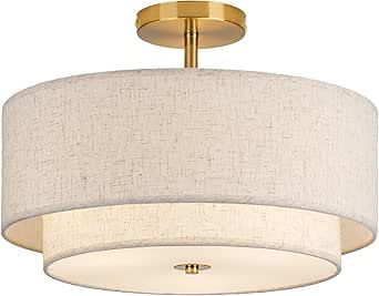 CALOKES 16" Double Drum Gold 3-Light Semi Flush Mount Ceiling Light, Classic Fabric Linen Shade Design for Living Room, Bedroom, Kitchen, Dining Room, Hallway and Entryway Semi Flush Bedroom Lighting, Flush Bedroom Ceiling Light, Primary Bedroom Light Fixture, Bedroom Ceiling Lights Ideas Master, Entry Light Fixture Low Ceiling, Bedroom Flush Mount Lighting, Light Fixtures For Low Ceilings, Entry Light Fixture, Girls Bedroom Lighting