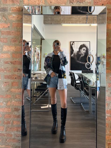 Denim Jacket Knee High Boots, Knee High Boots Shorts Outfit, Long Boots And Shorts Outfit, Long Black Boots Outfit Summer, Knee High Boots Summer Outfit, Shorts And Knee High Boots Outfits, Knee High Boots And Shorts, Knee High Boots With Shorts, Tall Boots And Shorts