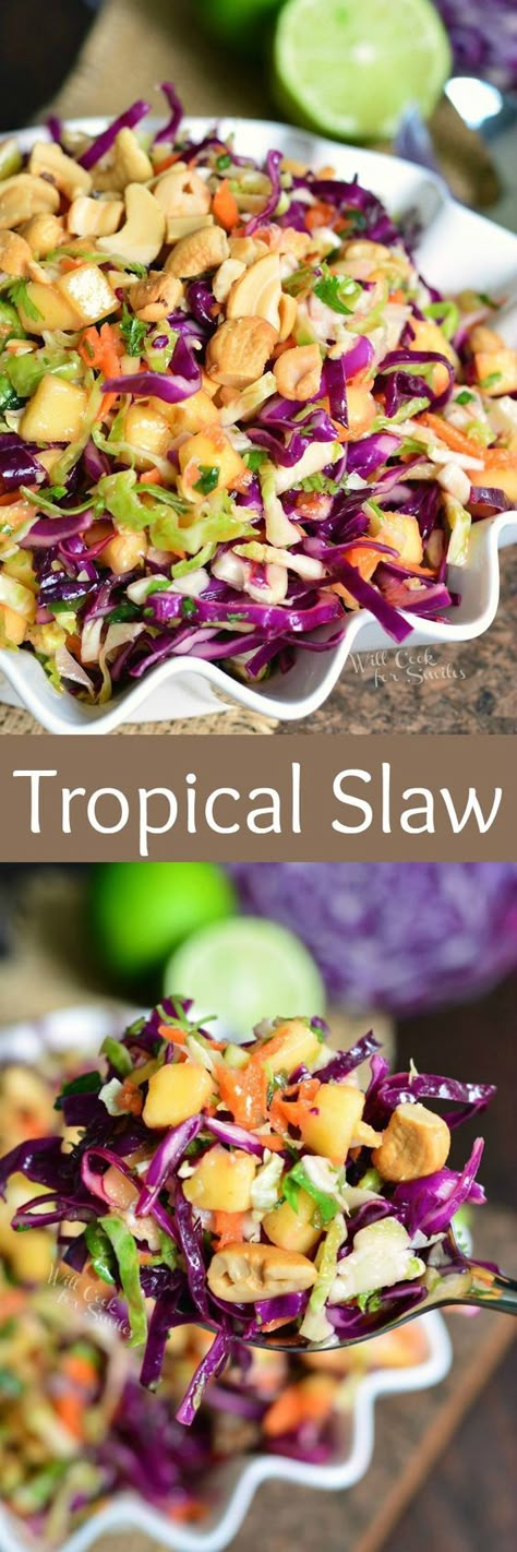 Tropical Slaw Recipe, Healthy Side Salads For Bbq, Tropical Sandwiches, Asian Bbq Sides, Bbq Side Salads Summer, Low Calorie Bbq Side Dishes, Spring Bbq Food, Tropical Pasta Salad, Tropical Bbq Party