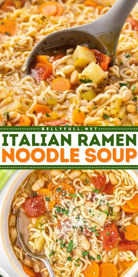 Ramen noodles to the rescue again! These Italian Ramen Soup Bowls are made with ramen noodles, white beans, Italian seasoned tomatoes, and potatoes for a quick, easy, flavorful and satisfying lunch or dinner. Soup With Ramen Noodles, Ramen Homemade, Epic Kitchen, Sunday Soup, Ramen Noodle Recipes Soup, Ramen Soup Recipes, Ramen Dishes, Healthy And Unhealthy Food, Ramen Noodle Soup