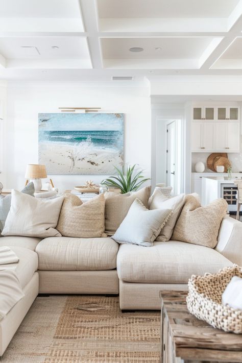 Create a breezy, beach-inspired space with coastal living room ideas. Click to see more. Beachy Coastal Living Room, Simple Beach Living Room, Beach House Couches Sofas, Warm Coastal Living Room, Coastal Grandma Living Room, Beach Theme Living Room Coastal Style, Beach House Interior Living Room, Coastal Basement, Beach Condo Decorating Ideas