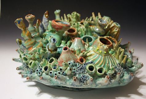 The beautiful shapes and colours burst like the nature of the sea! Sea Theme Clay Art, Pottery Coral Reef, Ceramic Coral Reefs, Under The Sea Ceramics, Ceramic Coral Sculpture, Coral Reef Ceramic Sculpture, High School Ceramics, Driftwood Jewelry, Natural Ceramic