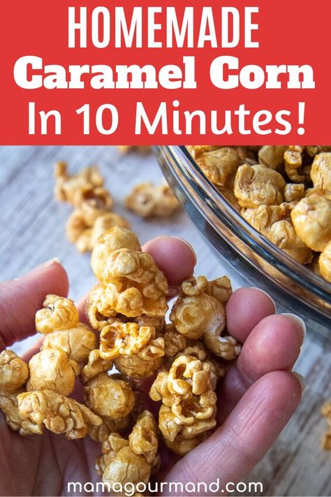 Easy Homemade Caramel Corn recipe comes together in less than 10 minutes in the microwave. No bake caramel corn makes an addictive buttery, sweet, salty, and crispy snack! #caramelcorn #microwave #recipe #homemade Mamagourmand Recipes, Homemade Caramel Corn Recipe, Microwave Caramel Corn, Easy Homemade Caramel, Caramel Corn Recipe, Homemade Caramel Corn, Microwave Caramels, Caramel Corn Recipes, Microwave Recipe