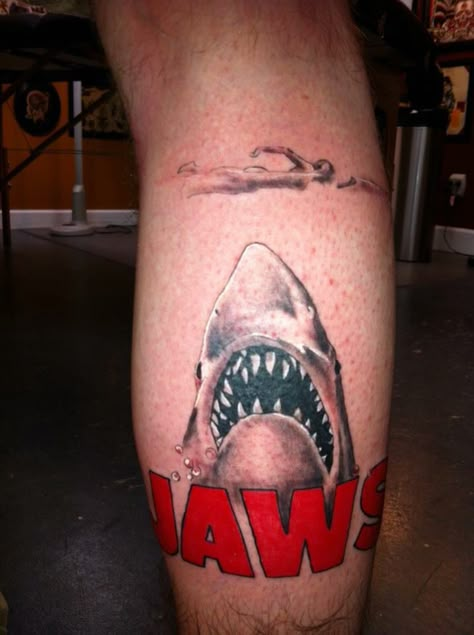 Jaws tattoo I did on someone Jaws Tattoo Movie, Jaws Tattoo Ideas, Jaws Movie Tattoo, Jaws Tattoo, Shark Jaws Tattoo, Shark Tooth Tattoo, Jaws 3, Horror Tattoos, Tooth Tattoo