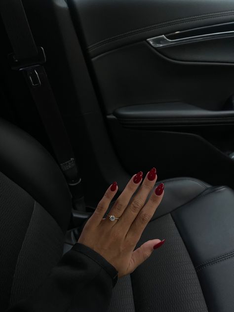 September Nail Aesthetic, Nail Inspo February 2024, Simple Winter Nails Coffin, Deep Red Oval Nails, London Aesthetic Nails, Dark Red Nails Brown Skin, Wine Wedding Nails, Dark Red Nails Medium Length, Merlot Red Nails