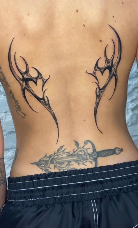 Mirrored Back Tattoo, Cool Belly Tattoos, Lower Back Waist Tattoo, Lower Back Symmetrical Tattoo, Back Tattoos Cybersigilism, Cybersigilism Tattoo Sternum, Cybersigilism Stomach Tattoo, Cybersigilism Hip Tattoo, Neotribal Tattoo Design Back