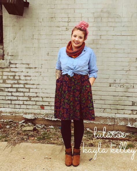 LuLaRoe Madison paired with knotted denim button up, tights, scarf & bottles. ❤️ xoxo LuLaRoe Kayla Kelley Lula Outfits, Envy Clothing, Classy People, Lula Roe, Lularoe Amelia, Fall Wear, Lularoe Styling, Lula Roe Outfits, Outfit Inspiration Fall