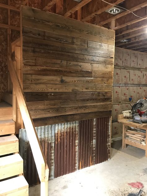 Tin And Barnwood Walls, Old Tin Walls, Barnwood And Tin Walls, Shiplap And Tin Wall, Tin Walls Rustic, Old Tin Projects, Tin And Wood Walls, Barn Tin Wall, Barn Wood Walls