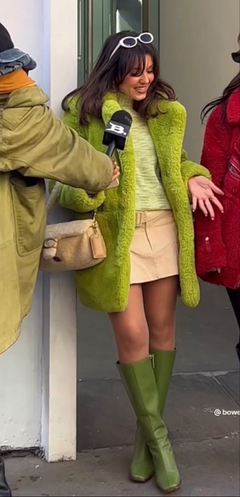 Green Gogo Boots Outfit, Green Calf Boots Outfit, Green Fluffy Jacket Outfit, Green Outfit Aesthetic Winter, Green Boot Outfit, Green Autumn Outfit, Green Outfits Winter, Green Fur Coat Outfit, Kashmir Outfits