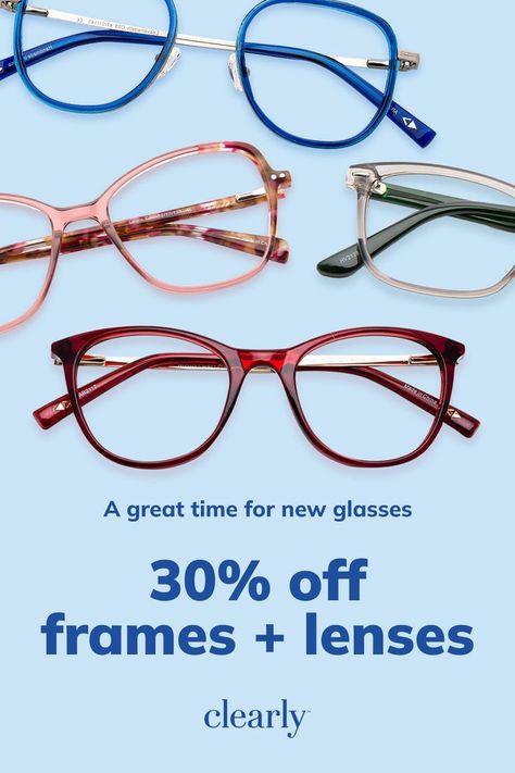 It's a great time for new glasses: shop 30% off everything. New glasses starting at $9 Optician Marketing, Eyeglass Stores, Instagram Branding Design, Fashionable Sunglasses, Optical Store, Lions Club, Optical Shop, Eye Glasses Frames, Instagram Branding