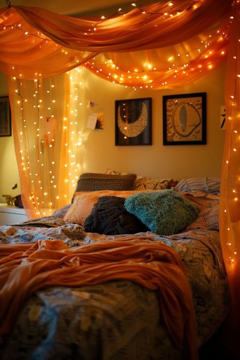 25 Amazing Orange Boho Themed Bedroom Ideas - Room Ideas Orange Aesthetic, Bedroom Sunrise Aesthetic, Orange Cozy Bedroom, Fire Bedroom Aesthetic, Bedroom Led Lights Aesthetic, Orange Bed Canopy, Orange Canopy Bed, Orange Lighting Room, Sunset Bedroom Theme