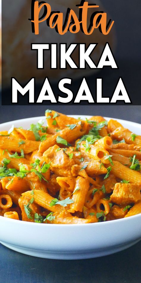 Bowl of colorful curry pasta with cilantro and text "pasta tikka masala". Chicken Tikka Masala Pasta, Chicken Tikka Pasta, Tikka Masala Pasta, Masala Pasta Recipe, Curry Pasta Recipe, Indian Pasta Recipes, Curry Chicken Pasta, Indian Style Pasta, Indian Noodles