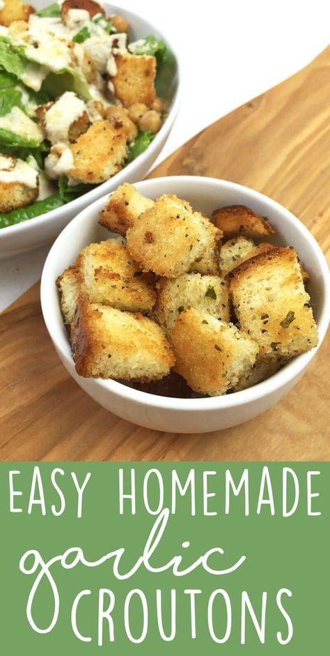 Easy Homemade Garlic Croutons - vegan, full of amazing garlicky flavor, and a perfect topping for a salad. I LOVE this on a vegan caesar salad. Garlic Croutons, Vegan Caesar Salad, Crouton Recipes, Vegan Caesar, Leftover Bread, Croutons Homemade, Vegan Salad, Caesar Salad, Croutons