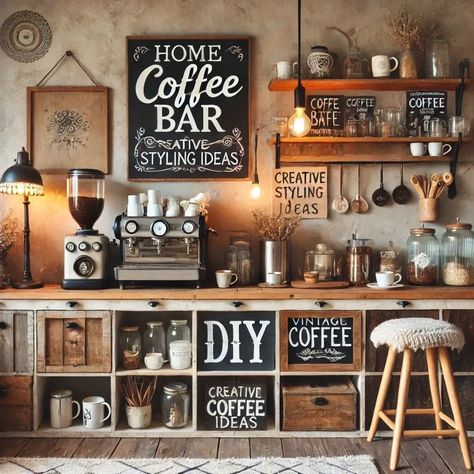 Coffee Bar Decor Ideas Display, Coffee And Alcohol Bar Ideas, Mug Display Ideas, Chic Coffee Bar, Cafe Ideas Design, Coffee Shop Bathroom, Bar Styling Ideas, Coffee Bar Styling, Team Building Ideas