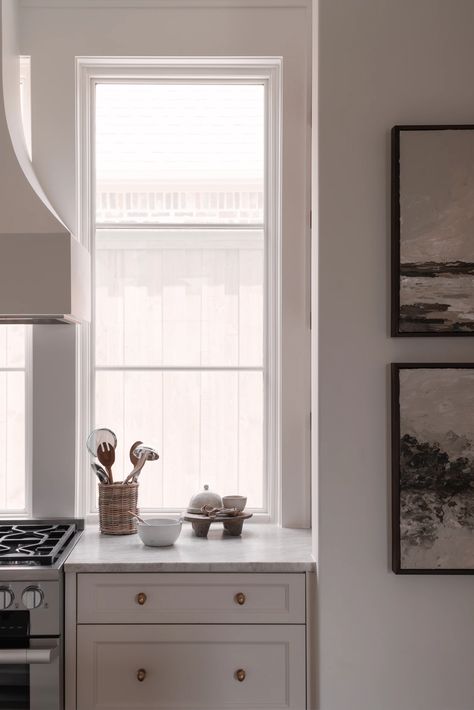 Daryl-Ann Denner's Kitchen & Family Room Reveal Daryl Ann Denner, White And Brass Kitchen, Functional Kitchen Storage, Family Room Reveal, Kitchen Family Room, Deep Sofa, Batter Bowl, Wooden Pendant Lighting, Heritage House