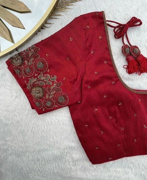 "Stunning Red Maggam Work Blouse at SM Designs! 🔥 Make a bold statement with our Red Maggam Work Blouse, designed for those who love elegance and tradition. Crafted from high-quality Half Pattu/Raw Silk fabric, this blouse features exquisite maggam embroidery, perfect for bridal wear, festive events, and celebrations. Elevate your ethnic wardrobe with this luxurious design, available in customizable colors and sizes. 🌸 Fabric: Half Pattu / Raw Silk 🌸 Dispatch: 4 days 🌸 Price: ₹2200 for unst... Zardosi Blouse, Embroidery Blouse Saree, Red Blouse Design, Hand Embroidery Blouse, Red Saree Blouse, Ready Made Blouse, Maggam Blouse, Stitched Saree, Checks Saree