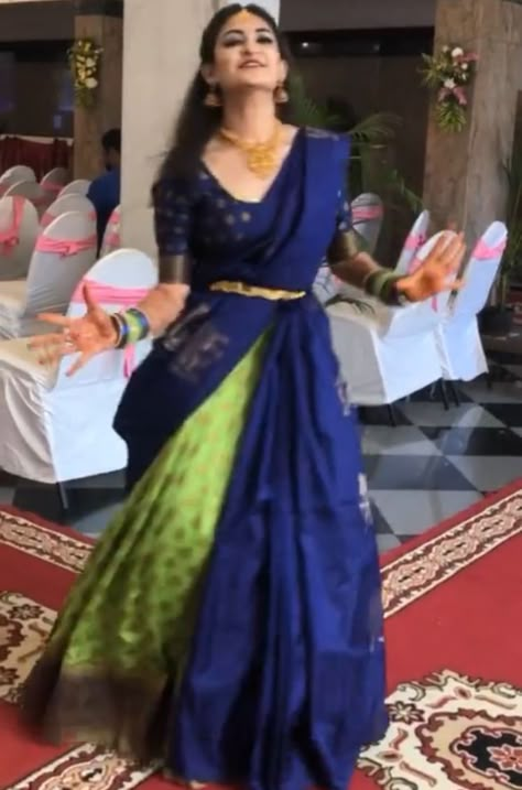 Dark Blue Half Saree Combination, Saree As Lehenga Drape Bride, Langa Dhawani Designs, Half Saree With Saree, Thavani Styles, Half Sarees South Indian, Lehanga Saree Drape, South Indian Lehenga Half Saree, Dawani Designs