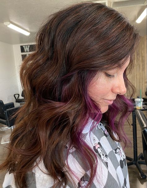 Used Redken flashliftbonderinside & shadeseq to create this warm brown, & pulp riot semis to add a pop of color Pop Of Color In Brown Hair, Color In Brown Hair, Rich Brunette, Pulp Riot, Brunette Highlights, Balayage Brunette, Color Inspo, Hair Stuff, Hair Inspo Color