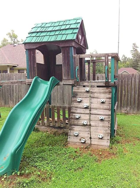 DIY play set made into a chicken coop. I would have never thought to make a chicken coop from a rotting play structure. Playset Chicken Coop, Play Set Chicken Coop, Chicken Coops Out Of Playhouse, Diy Chicken Coop From Playhouse, Playhouse To Chicken Coop, Outdoor Playset Plans, Repurposed Chicken Coop, Chicken Coop From Playhouse, Turning A Playhouse Into A Chicken Coop