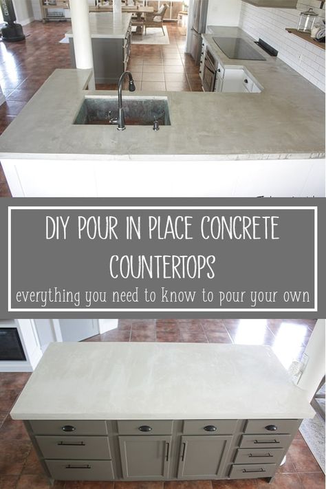 DIY Concrete Countertops - Pour in Place Farmhouse Cement Countertops, Concrete And Glass Countertops, White Marbled Concrete Countertops, White Cement Kitchen Countertops, White Cement Countertops Kitchen, Creative Countertop Ideas, Light Gray Countertops Kitchen, Light Concrete Countertops, Cement Countertops Kitchen