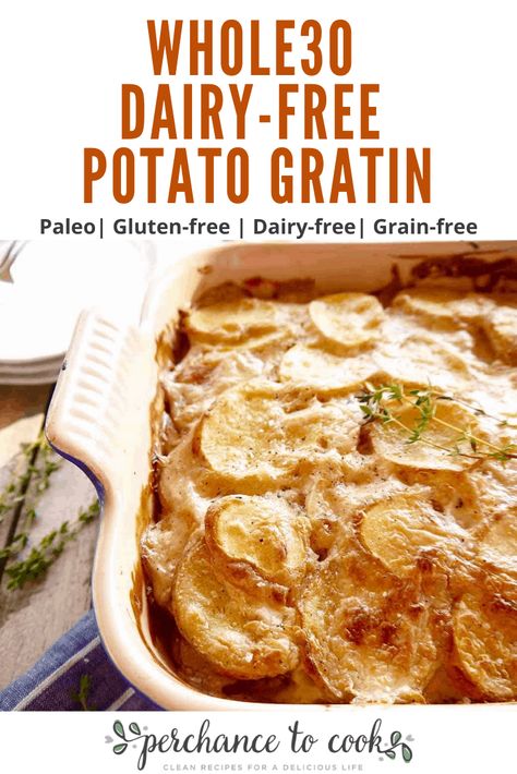 This Whole30 Dairy-free Potato Gratin is a delicious dish made of thinly sliced potatoes that soak up an amazingly rich creamy dairy-free (and nut-free!) sauce seasoned with garlic, shallots, thyme, and nutmeg. Paleo Potato Casserole, Aip Potato Recipes, Dairy Free Au Gratin Potatoes, Dairy Free Potato Gratin, Dairy Free Potato Bake, Grain Free Casserole Recipes, Whole30 Veggie Sides, Dairy Free Potatoes Recipes, Dairy Free Potatoes Au Gratin