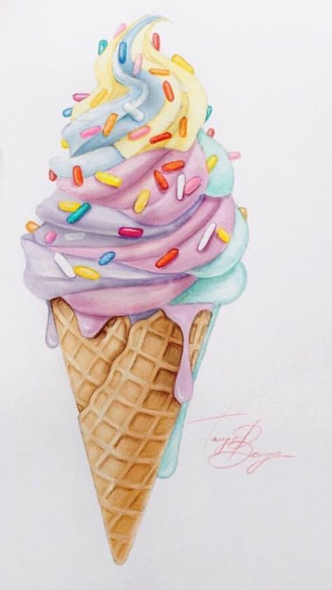 Art Drawings Color, Drawing For Coloring, Ice Cream Drawing, Cream Drawing, Ice Cream Painting, Desserts Drawing, Ice Cream Illustration, Cupcake Drawing, Ice Cream Art