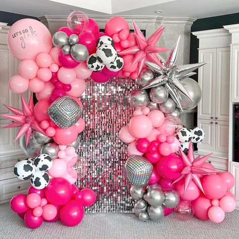 PRICES MAY VARY. What You Get: The included 40pcs hot pink balloons 12inchx5, 10inchx15, 5inchx20, 35pcs light pink balloons 12inchx5, 10inchx10, 5inchx20, 10pcs blush dusty balloons 10inchx5, 5inchx5, 21pcs silver balloons 18inchx1, 10inchx10, 5inchx10, 18inch light pink balloonsx1, 12inch transparent balloonsx4, 12inch cow print balloonsx8, 22inch pink starburst balloonsx3, 22inch silver starburst balloonsx1, 22inch disco foil balloonsx2, glue dotsx1, decorative stripx1, fishing linex1 Good Qu Pink Cowgirl Birthday Party Western Theme, Disco Cowgirl Bday Party, Disco Cowboy Birthday Party, Pink Cowgirl Party Theme, Pink Cowgirl Sweet 16, Let’s Go Girls Birthday Theme, Blue Cowgirl Party, Pink Cowgirl Birthday Party Decorations, Pink Disco Decor