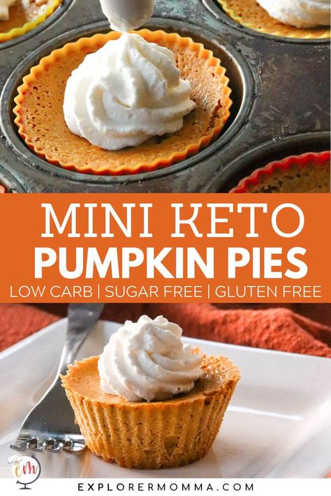 This mini keto pumpkin pie recipe is perfect to take to holiday parties or to freeze individual servings for fall low carb desserts! It's easy to make, gluten free, and it's so delicious that no one will even know it's for a ketogenic diet! Sugar Free Pumpkin Pie, Low Carb Pumpkin Pie, Keto Thanksgiving, Keto Pumpkin Pie, Crustless Pumpkin Pie, Mini Pumpkin Pies, Pumpkin Pie Recipe, Keto Pumpkin, Pumpkin Pies