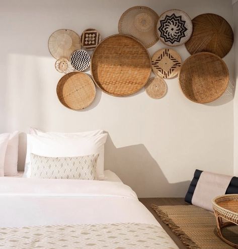 Rattan plate wall decor Rattan Accent Wall, Rattan Plates On Wall, Round Rattan Wall Decor, Rattan Wall Decor Bedroom, West Elm Wall Decor, Deco Rumah, Detoxing Your Body, Rattan Wall Decor, Bubble Drawing