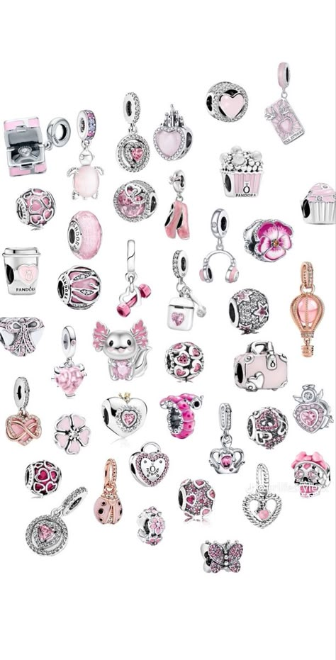 Pink Pandora Charms, Pandora Charms Pink, Pink Charms, Pink Charm Bracelet, Pandora Bracelet Charms Ideas, Pandora Bracelet Designs, Pandora Jewelry Charms, Pandora Pink, Pink Charm