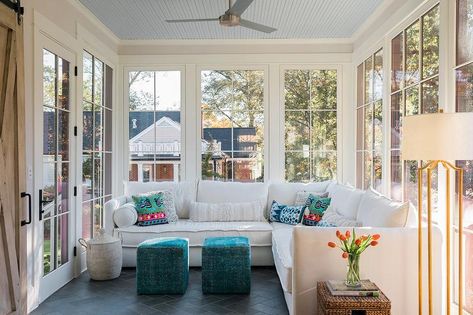 Sunroom Sectional, Sunroom Tile Floor, Sunroom Remodel, Indoor Porch, White Sectional, Three Season Room, Laundry Room Flooring, Geometric Floor, Building Company