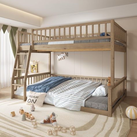 PRICES MAY VARY. ♥ 【Raised Guardrail & Safety Ladder】 The upper bed and down bed comes with approx 15.1 " high safety guardrails, which can prevent your child from accidentally falling down. And the full XL over queen bunk beds comes with sturdy wider 3-step ladder, you can have a delightful barefoot experience every time you climb up or down the bed. ♥ 【Detachable Wood Bunk Bed】This bunk beds full xl over queen size features timeless styling that will last for years and is also easily converted Kids Bedroom With Queen Bed, Full Over Queen Bunk Bed, Lake Bedroom, Queen Bunk Bed, Lake Condo, Queen Size Bunk Beds, Bunk Bed Sets, Bunk Beds Boys, Adult Bunk Beds