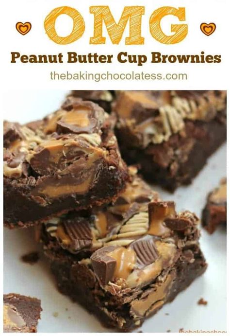 OMG Peanut Butter Cup Brownies pack a powerful chocolate and peanut butter fix that will satisfy beyond happy! Brownie Recipes With Reese Cups, Reeces Brownie Recipes, Reese’s Brownies, Specialty Brownies, Peanut Butter Cup Brownies, Cookie Dough Cake, Brownie Bars, Brownie Cups, Parfait Desserts