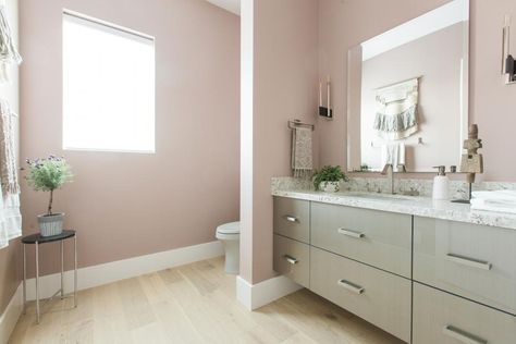 Sherwin Williams Emerging Taupe, Sw Emerging Taupe, Emerging Taupe Sherwin Williams, Blush Bathroom, Elegant Powder Room, Taupe Bathroom, Pink Laundry Rooms, Modern Powder Rooms, Small Bathroom Remodel Designs