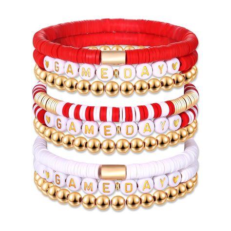 PRICES MAY VARY. Show off your team spirit with this game day bracelets,it features a set of 9 heishi beaded bracelets,adorned with 6mm red and white polymer clay vinyl disc beads and with White & Gold Letter Beads spelling "GAME DAY",Wear these red black team color bracelets with your favorite team game day outfits to complete your game day look in style The white red game day bracelets design adds a pop of energy and flair to your game day ensemble. These colors are synonymous with team spirit The Office Bracelets, Heishi Jewelry Bracelets, 49ers Bracelet Ideas, Clay Bead Bracelet Ideas Thanksgiving, Best Friends Bracelet, Volleyball Clay Bead Bracelets, Clay Bead Bracelet Ideas Sports, Holiday Beaded Bracelets, Game Day Bracelets