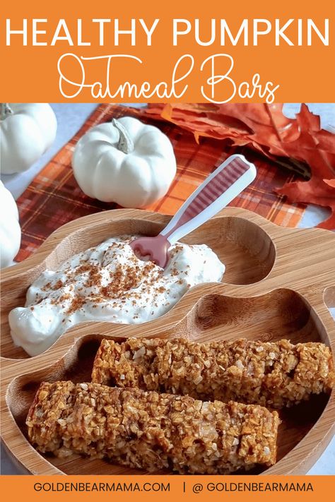 Healthy Pumpkin Oatmeal Bars (Baby-Led-Weaning) - Golden Bear Mama Pumpkin Baby Led Weaning Recipes, Baby Led Weaning Oatmeal Bars, Baby Oatmeal Bars, Oatmeal Bars For Baby, Pumpkin Oatmeal Bars, Healthy Pumpkin Oatmeal, Easy Pumpkin Oatmeal, Pumpkin Oats, Frozen Pumpkin