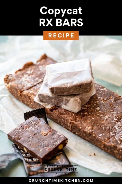 My kids and I have all become addicted to RX Bars. They are so easy to eat on the go and have great nutrition. I thought I would try to make a big batch on my own and they turned out excellent! Try out my homemade Chocolate and Sea Salt RX Bars for a great kid snack or after workout pick-me-up! crunchtimekitchen.com #copycat #protein #bars #RXbars Rxbar Protein Bar, Copycat Rx Bar Recipe, Rxbar Recipe Copycat, Copycat Rx Bars, Rx Bars Recipe Copycat, Z Bar Recipe, Homemade Rx Bars, Rx Bars, After Workout Snack